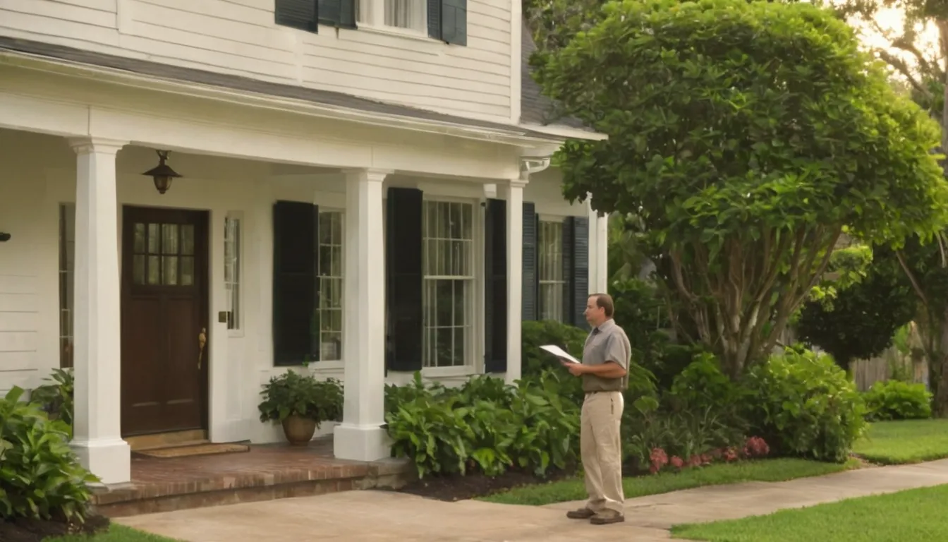 A homeowner talking calmly with a local pest provider at the front door of a colonial home in Gaithersburg